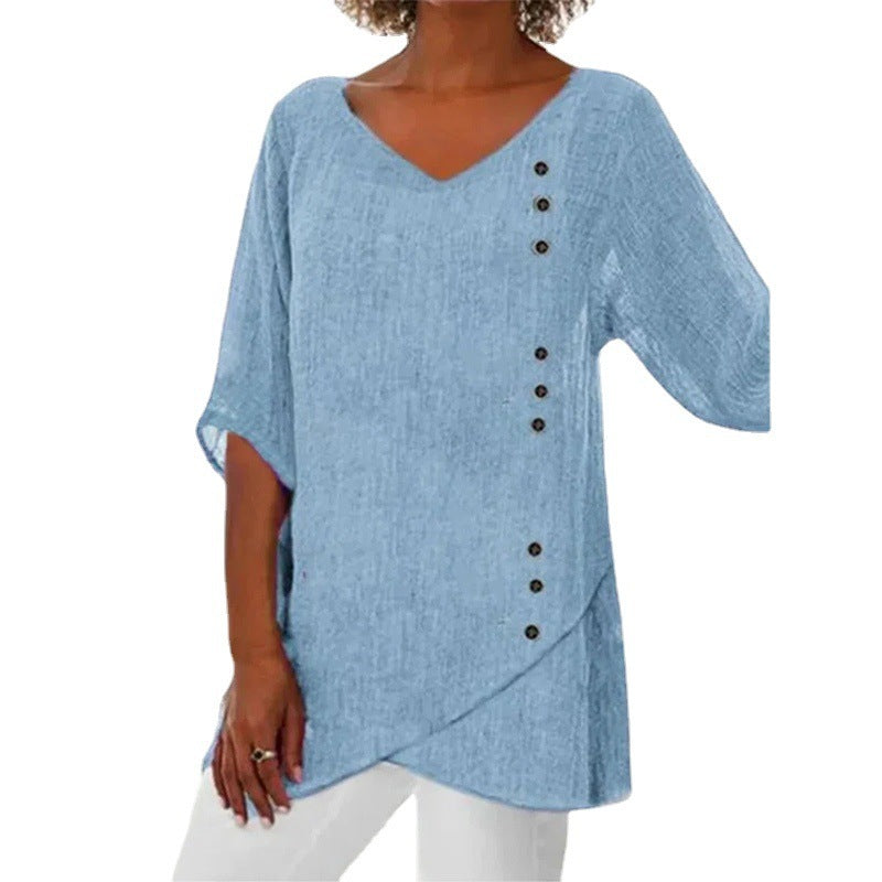 Blue Cotton V-neck Shirt Loose  Women's Clothing