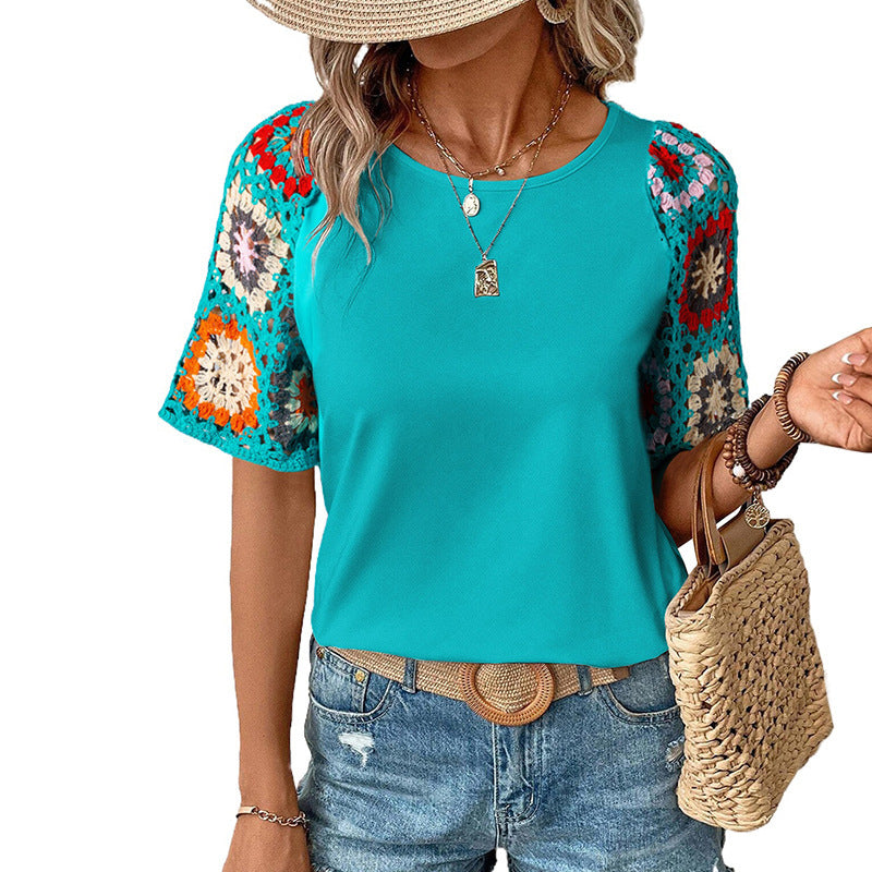 Casual Crocheted Short-sleeved Top