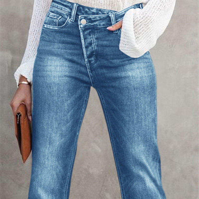 Women's Fashion Temperament High Waist Straight Pocket Trousers