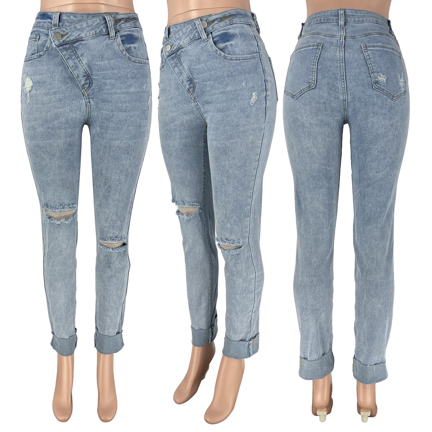 Women's Ripped Diagonal Buckle Jeans