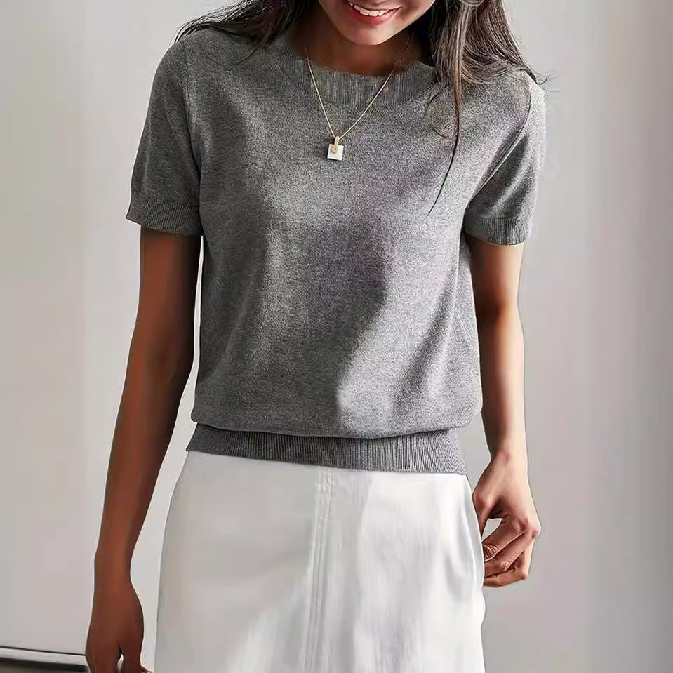 Simple Niche Round Neck Solid Short Sleeve Sweater