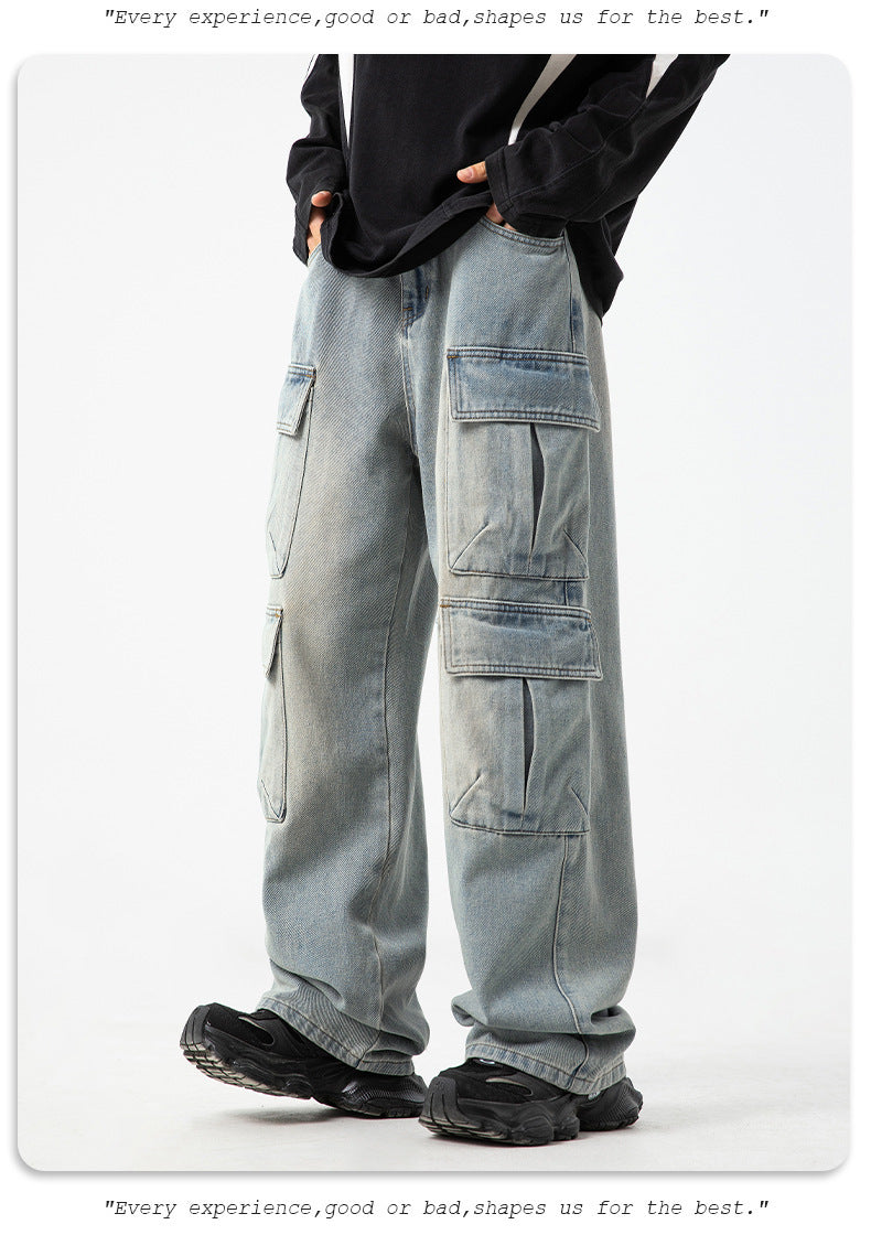 Multi-pocket Design Jeans Men's Distressed Retro