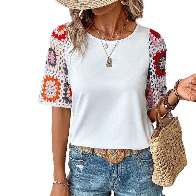 Casual Crocheted Short-sleeved Top