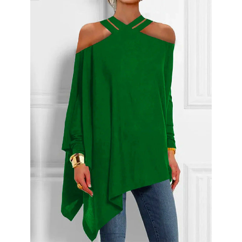 Hollow Solid Color Cold Shoulder Shirt