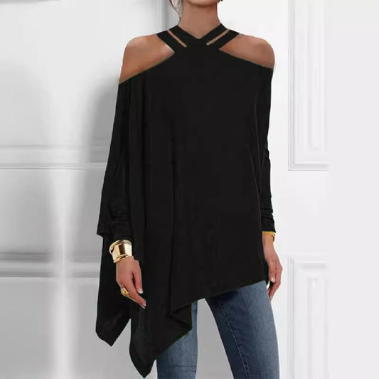 Hollow Solid Color Cold Shoulder Shirt