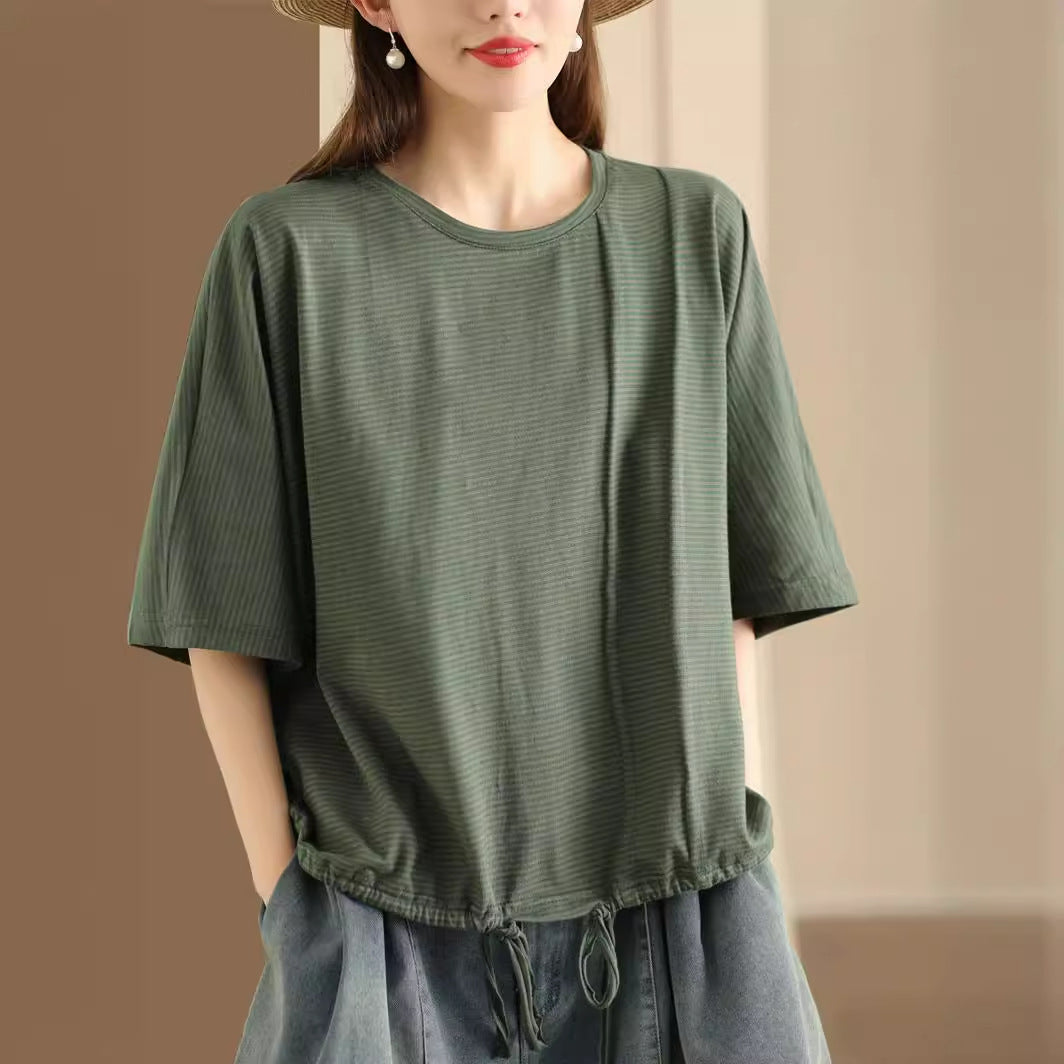 Women's Cotton Short-sleeved Drawstring Pullover