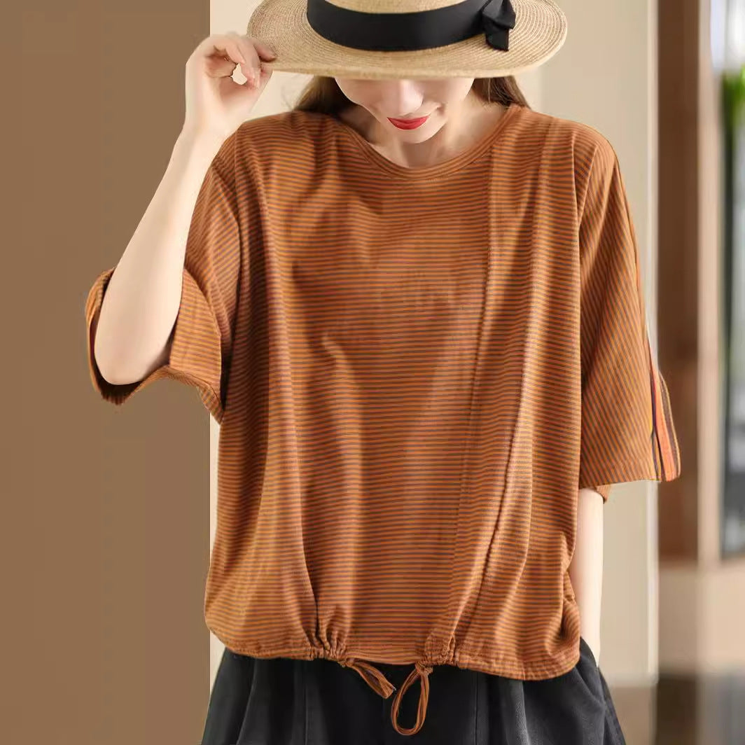 Women's Cotton Short-sleeved Drawstring Pullover