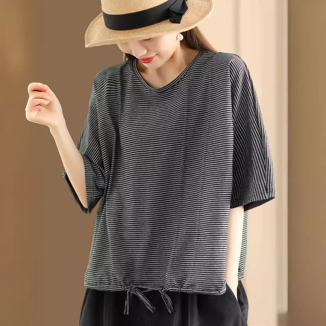 Women's Cotton Short-sleeved Drawstring Pullover