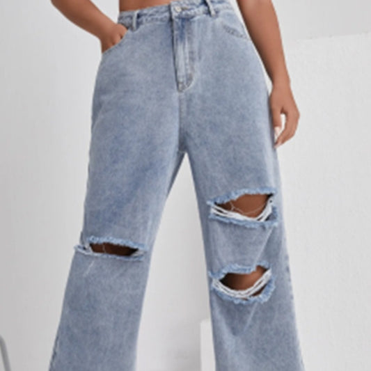 Women's Denim With Hole High Waist Straight-leg Pants