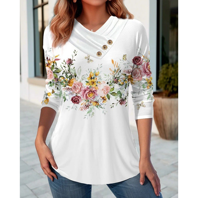 Women's Casual V-neck Long Sleeve Button T-shirt