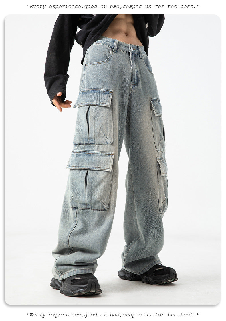 Multi-pocket Design Jeans Men's Distressed Retro