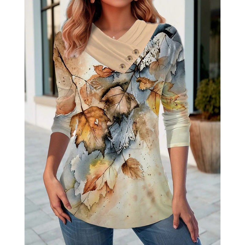 Women's Casual V-neck Long Sleeve Button T-shirt