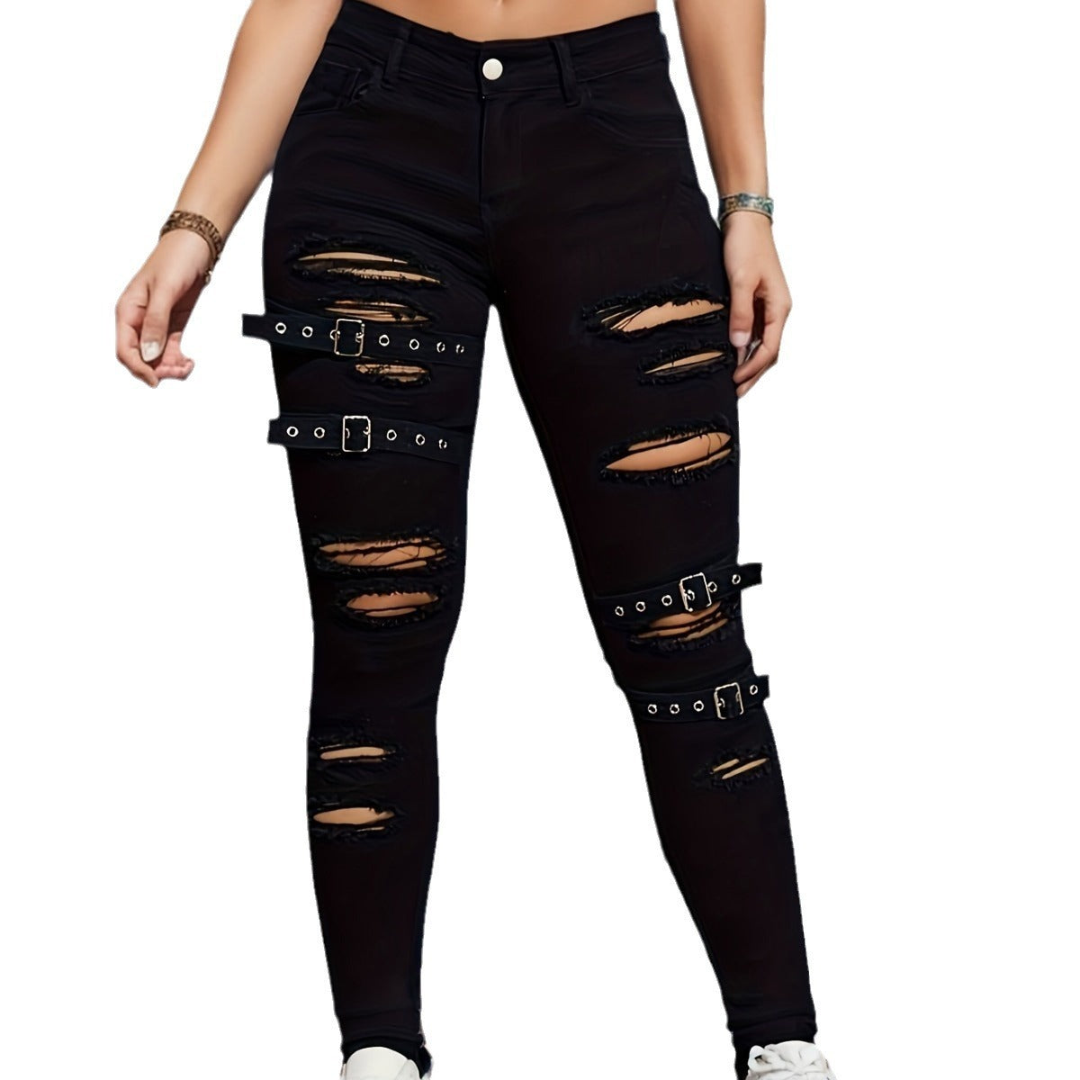 Black Tight Stretch Trousers Women's Ripped