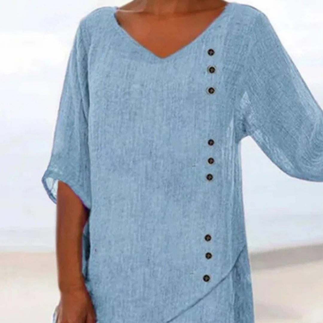 Blue Cotton V-neck Shirt Loose  Women's Clothing