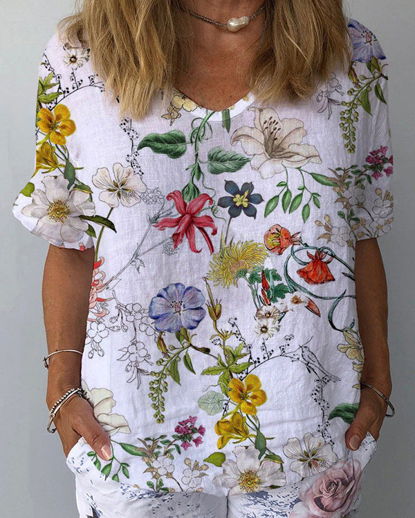 Women's V-neck Printed Short Sleeves