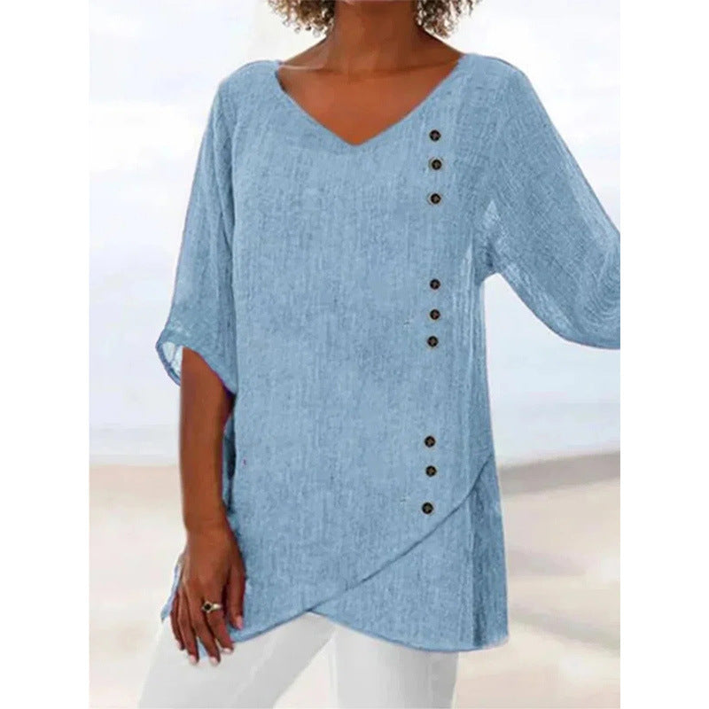 Blue Cotton V-neck Shirt Loose  Women's Clothing