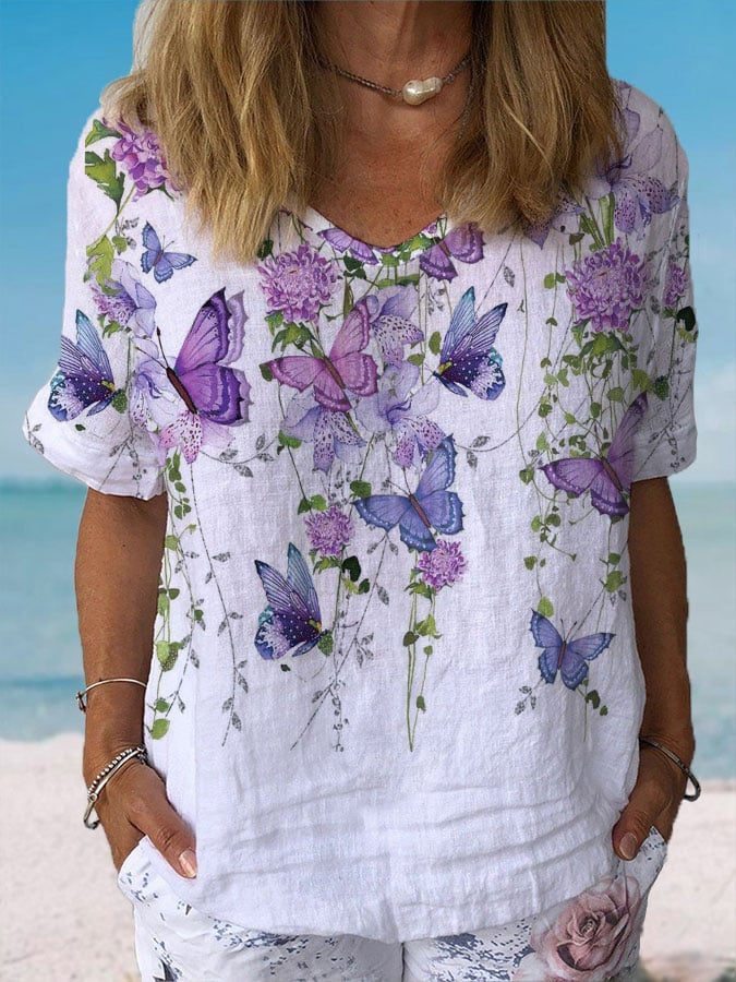 Women's V-neck Printed Short Sleeves