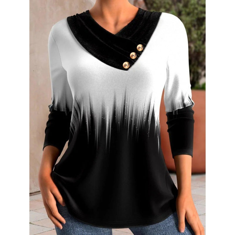 Women's Casual V-neck Long Sleeve Button T-shirt