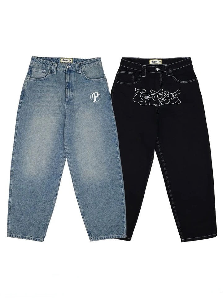 American Street Baggy Casual  Men's Retro Hip Hop Printing Stylish Fashion High Waist Jeans